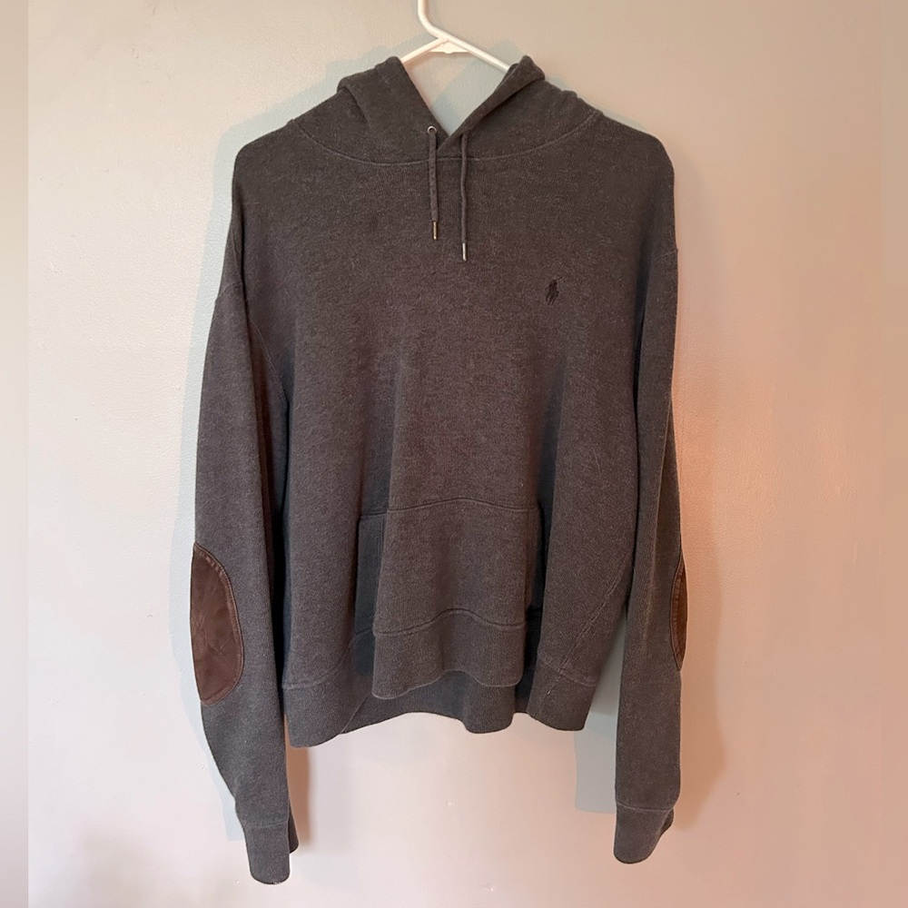 Charcoal grey vintage Polo hoodie with brown elbow pads. Great condition. Size M